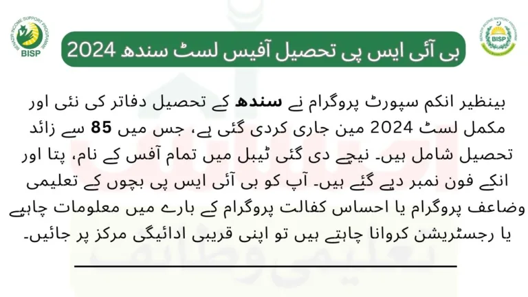 BISP Tehsil Offices Sindh List